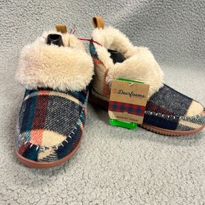 Dearfoams Slippers Women 7/8 Blue Red Plaid Wool Blend Memory Foam Faux Fur Cozy